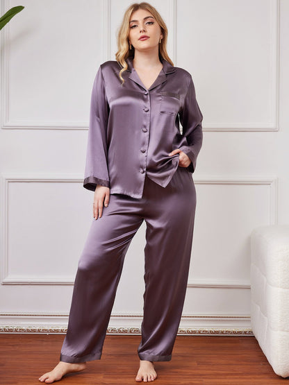 Pyjama Grande Taille en Soie Pure avec Boutons pour Femme