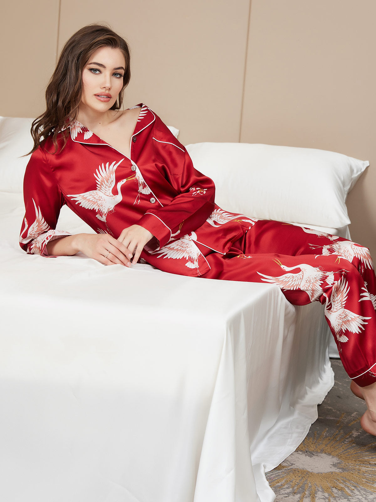 Ensemble Pyjama Femme en Soie Pure à Manches Longues avec Finitions Imprimées