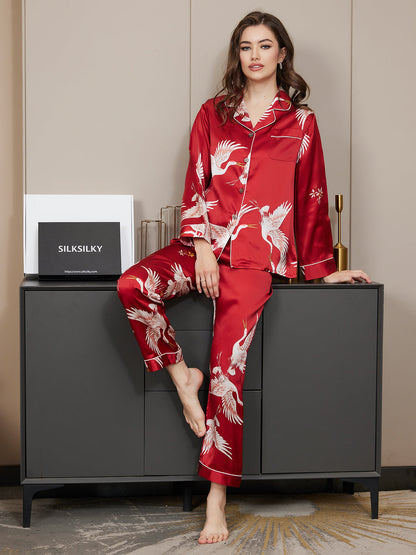 Ensemble Pyjama Femme en Soie Pure à Manches Longues avec Finitions Imprimées