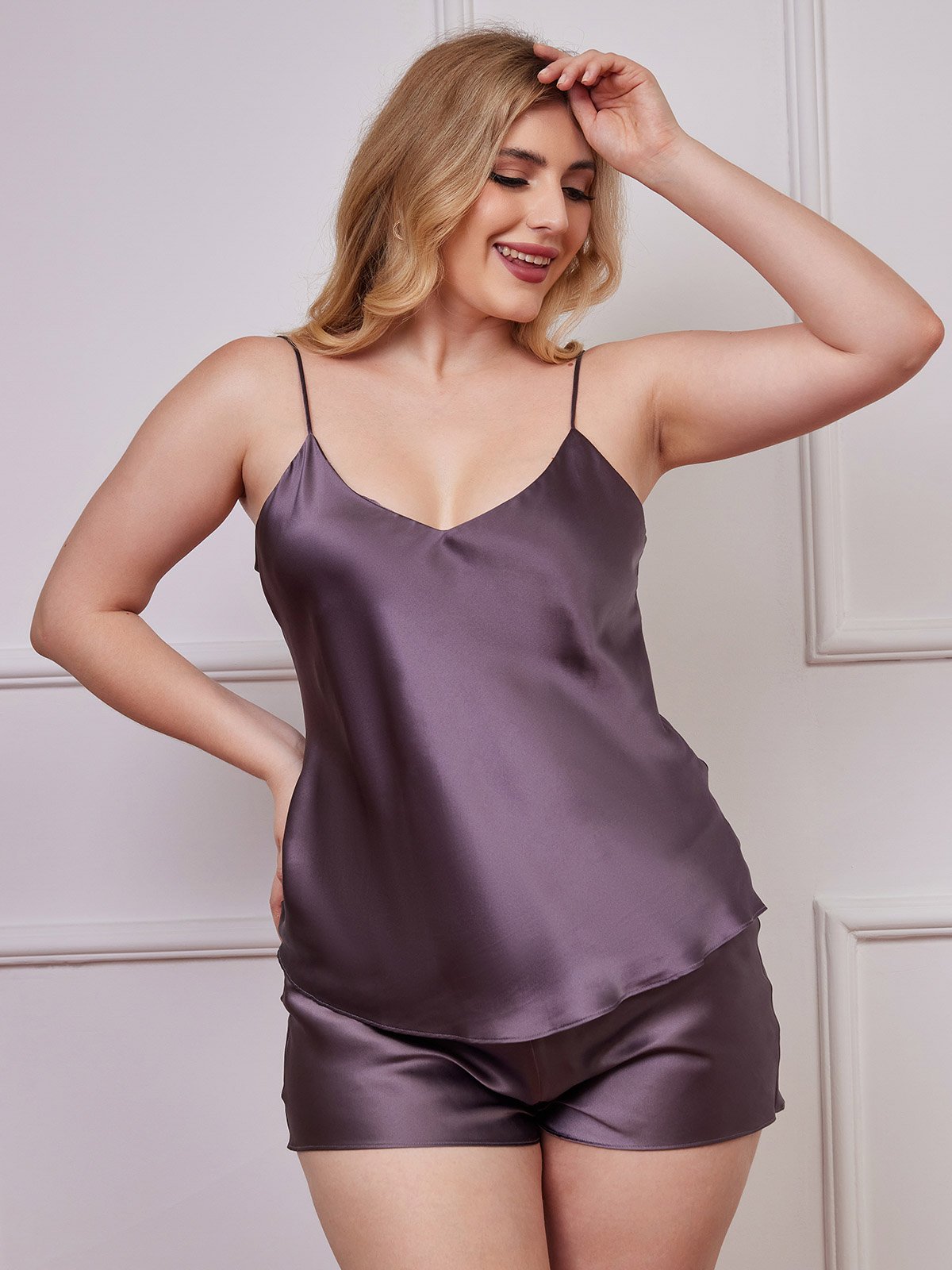 Ensemble Pyjama en Soie Pure avec Bretelles Spaghetti - Tailles Grandes Disponibles