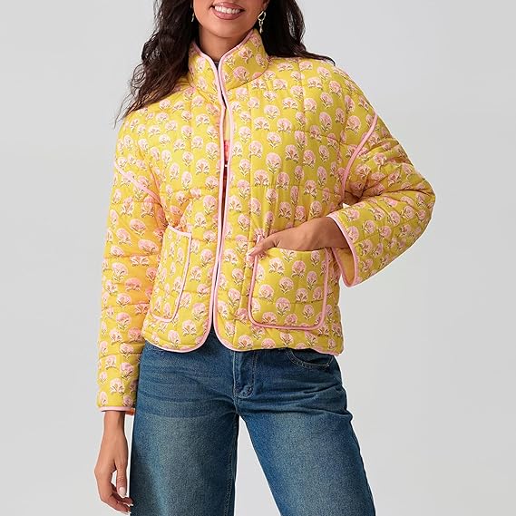 Veste Patchwork avec Col et Imprimé Floral - Élégance Décontractée