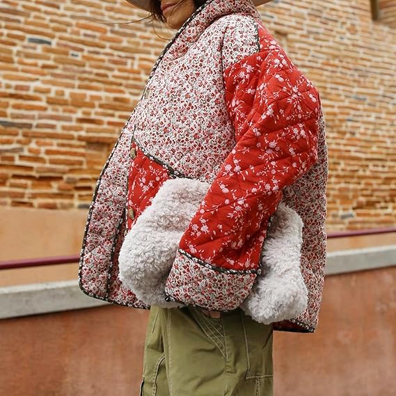 Veste Matelassée Éthnique à Imprimé Floral en Couleurs Contrastées - Élégance et Style Décontracté