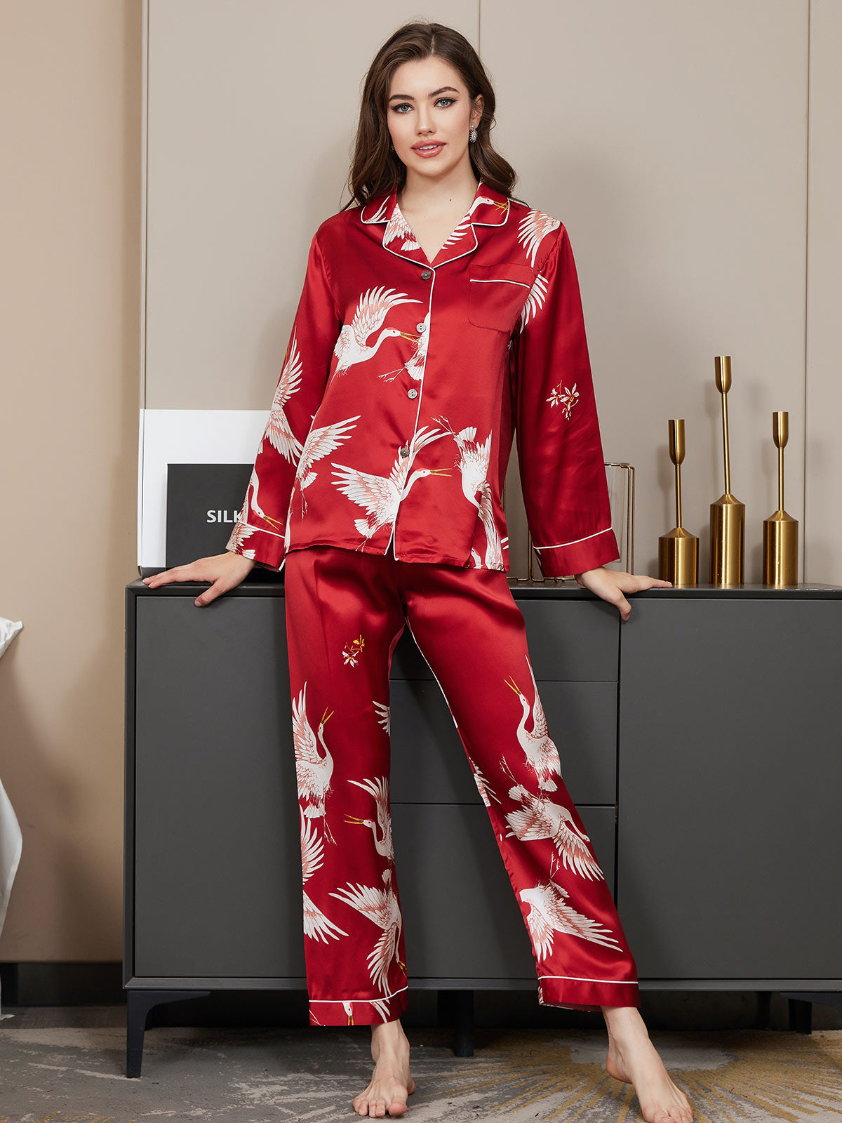 Ensemble Pyjama Femme en Soie Pure à Manches Longues avec Finitions Imprimées