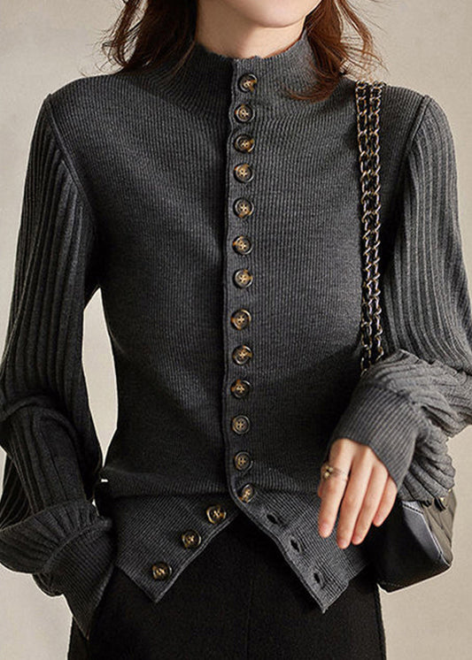 Pull Gris Élégant Col Montant avec Manches Lanternes - Top Tricot Tendance