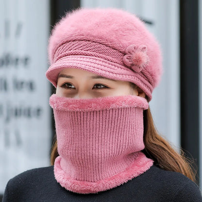 Ensemble Bonnet et Écharpe Femme 2024 - Doublure Fourrure et Fleur Décorative