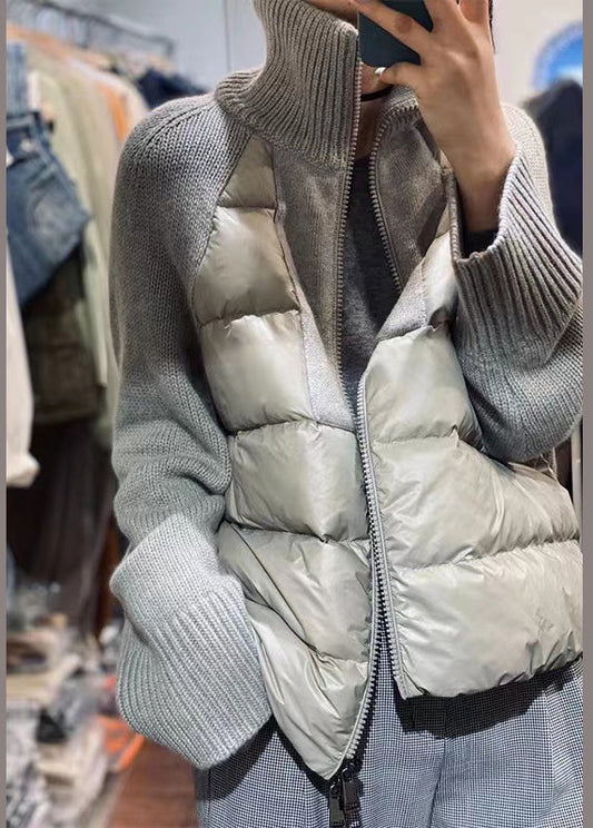 Parka Gris en Maille Col Roulé avec Zip - Veste Longue Oversize Patchwork