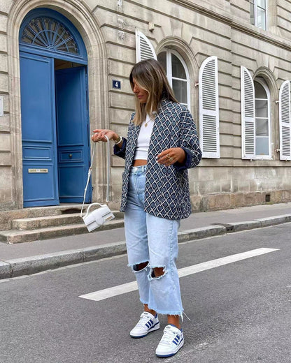 Veste Matelassée avec Imprimé Floral et Poches à Motif Géométrique - Élégance et Style Unique