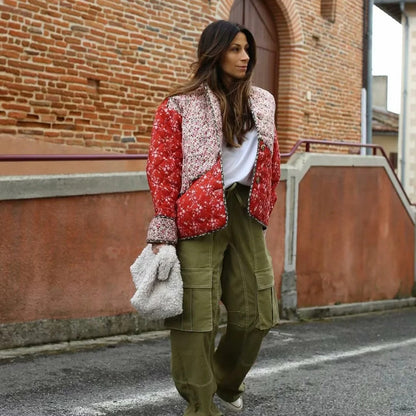 Veste Matelassée Éthnique à Imprimé Floral en Couleurs Contrastées - Élégance et Style Décontracté