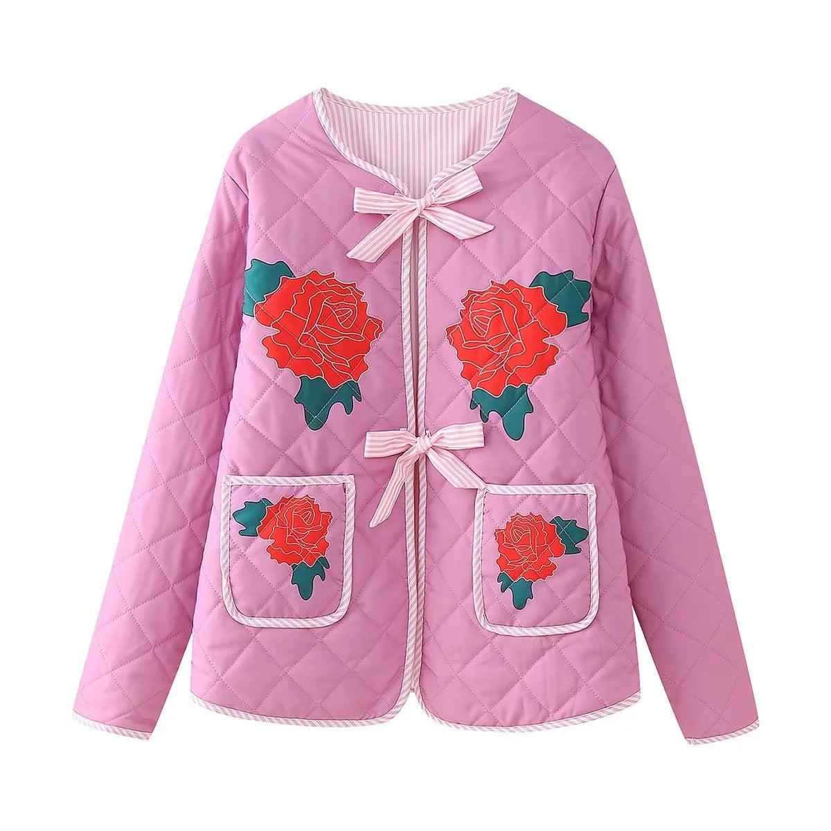 Veste légère rose avec imprimé floral et nœud