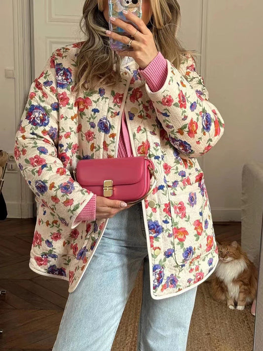 Veste en Coton avec Poches Embossées et Imprimé Floral - Élégance Printanière et Confort