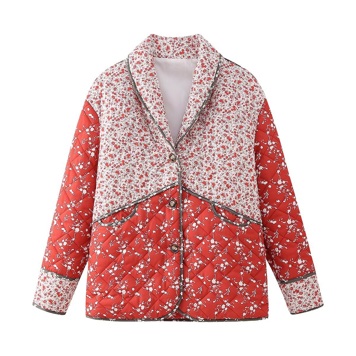 Veste Matelassée Éthnique à Imprimé Floral en Couleurs Contrastées - Élégance et Style Décontracté