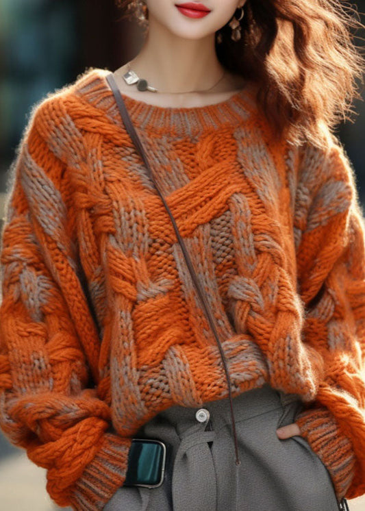 Pull Torsadé Orange en Coton Grande Taille - Tricot Chaud d'Hiver