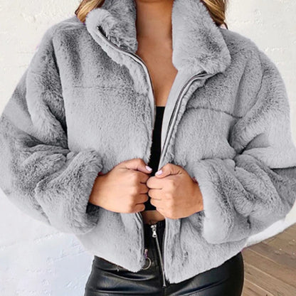 Veste Courte Femme Imitation Fourrure de Lapin - Blouson Chaud Zippé Peluche - Style Casual Hiver 2024