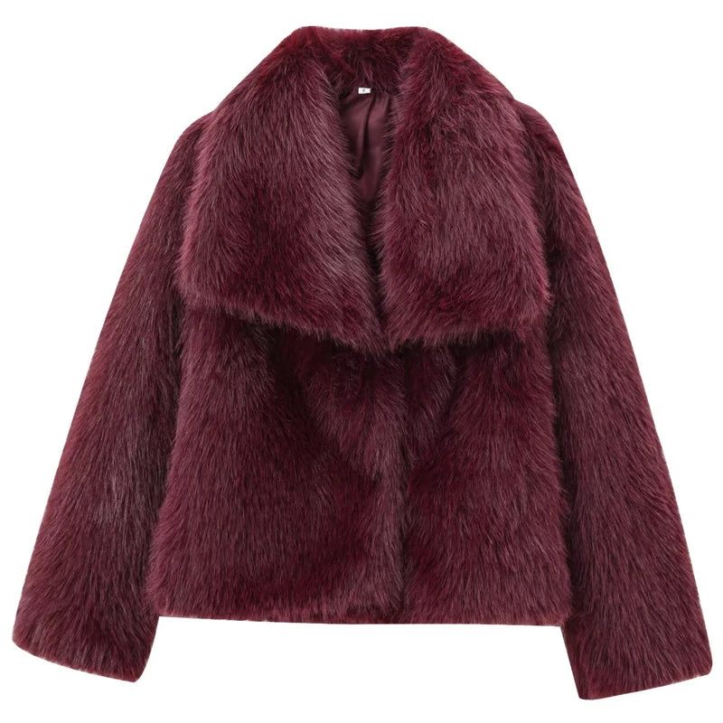 HXAO Bomber Femme Fausse Fourrure Bordeaux 2024 - Veste Peluche Chaude - Manteau Hiver Casual