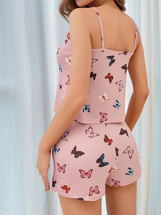 Ensemble Pyjama Femme Motif Papillon - Débardeur et Short - Tenue d'Été Sans Manches - Pyjama Court Casual