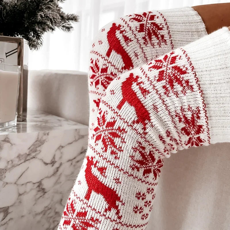 Chaussettes Hautes de Noël Femme - Bas au Genou Motif Flocons de Neige - Collection Hiver 2024