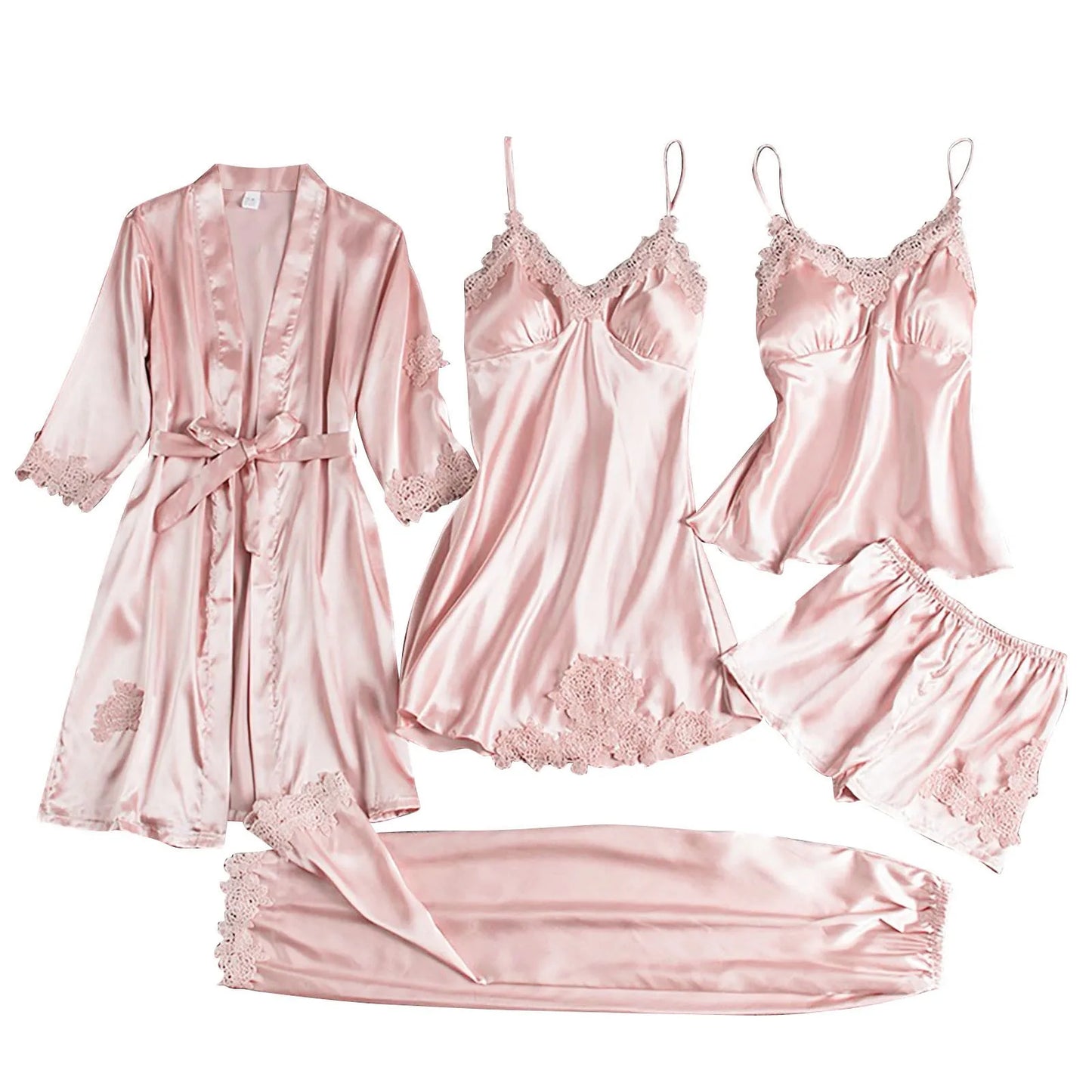 Ensemble Pyjama Satin 5 Pièces Femme - Nuisette, Déshabillé et Kimono avec Dentelle - Tenue de Nuit Sexy