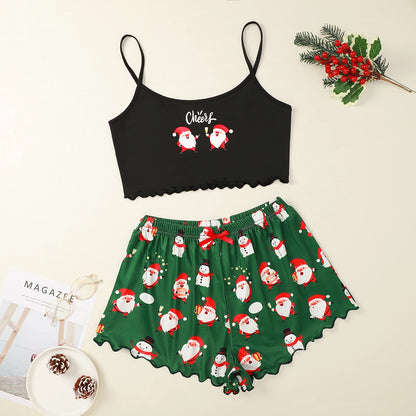 New Style Lady's  Cow Pattern Lace Edge Camisole With Shorts Pajama Set Cute Comfort Sexy Home Wear Sleepwear Underwear