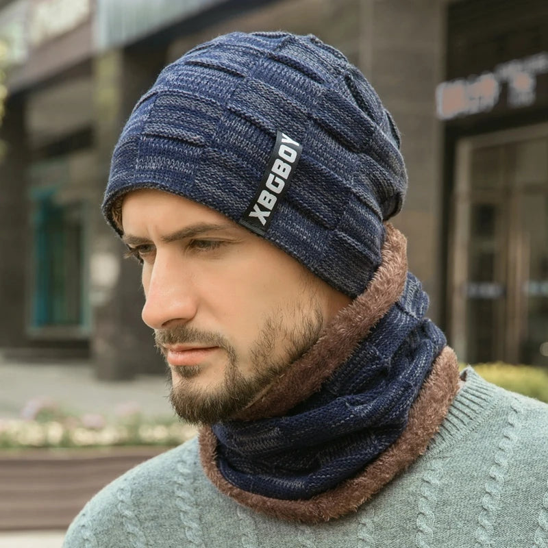 Bonnet Homme Hiver Chaud Doublé Polaire - Bonnet Tricot avec Écharpe Intégrée - Collection Hiver 2024