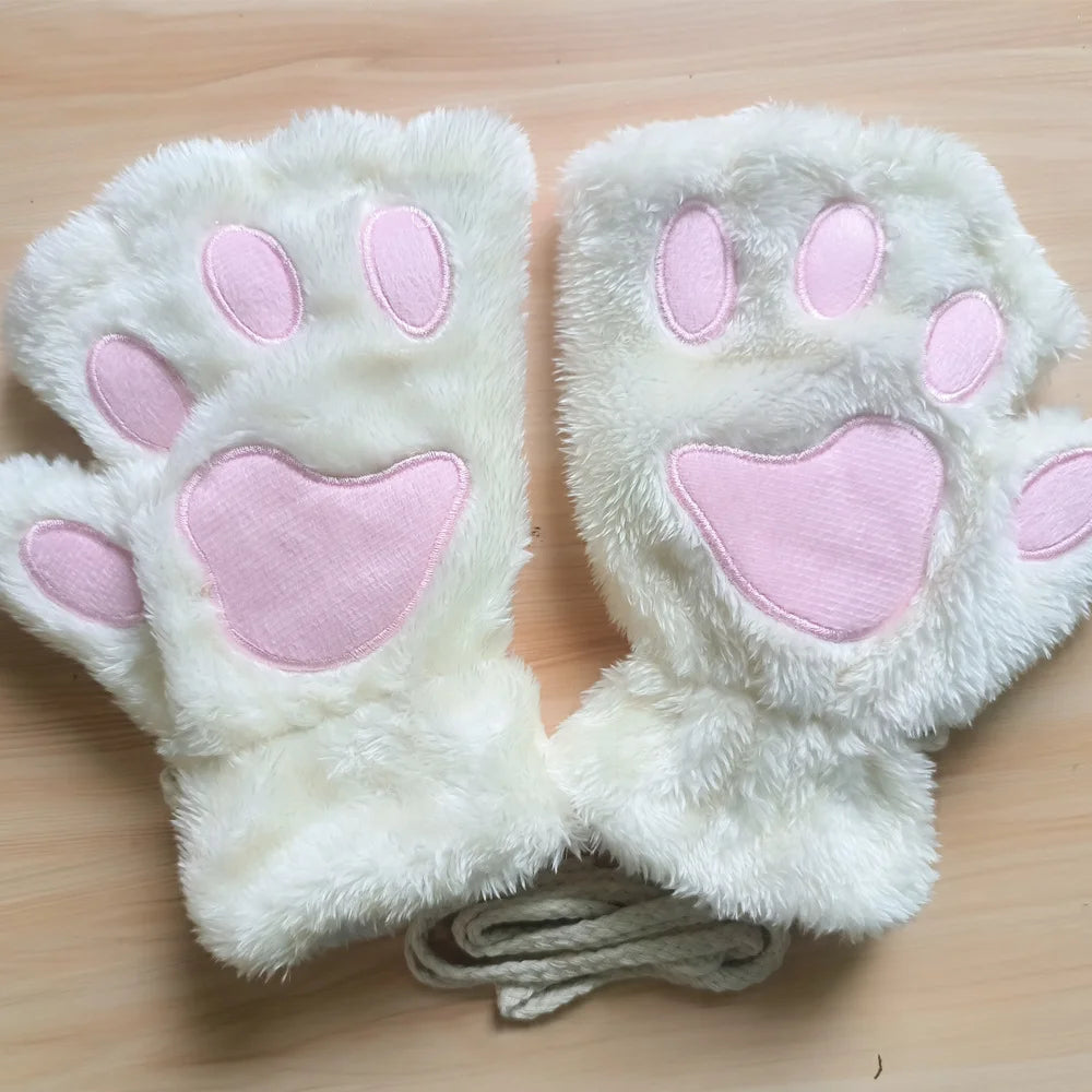 Gants Sans Doigts Kawaii - Mitaines Peluche Patte de Chat - Moufles Douces Hivernales