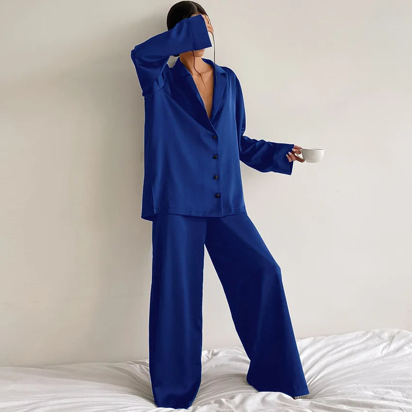 Ensemble Pyjama Femme Satin Oversize - Pyjama Chic Décolleté V - Manches Longues et Pantalon Large