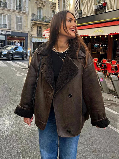 Manteau Femme Hiver Vintage en Simili Cuir - Veste Chaude Élégante avec Revers - Style Rétro Chic