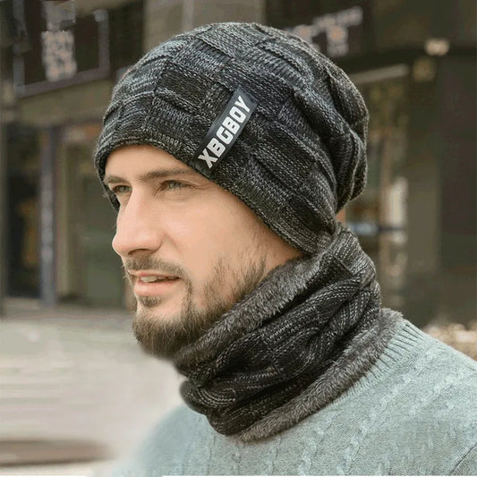 Bonnet Homme Hiver Chaud Doublé Polaire - Bonnet Tricot avec Écharpe Intégrée - Collection Hiver 2024