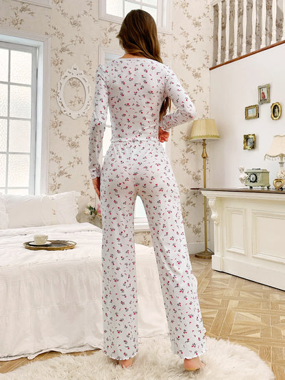 Ensemble Pyjama Femme Vintage - Nuisette à Bretelles et Pantalon Long - Imprimé Floral avec Dentelle - Collection Romantique