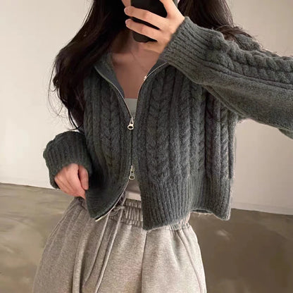 Cardigan Femme Torsadé avec Fermeture Éclair - Gilet Court Vintage Élégant