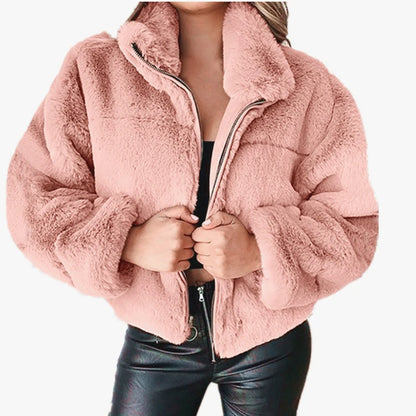 Veste Courte Femme Imitation Fourrure de Lapin - Blouson Chaud Zippé Peluche - Style Casual Hiver 2024