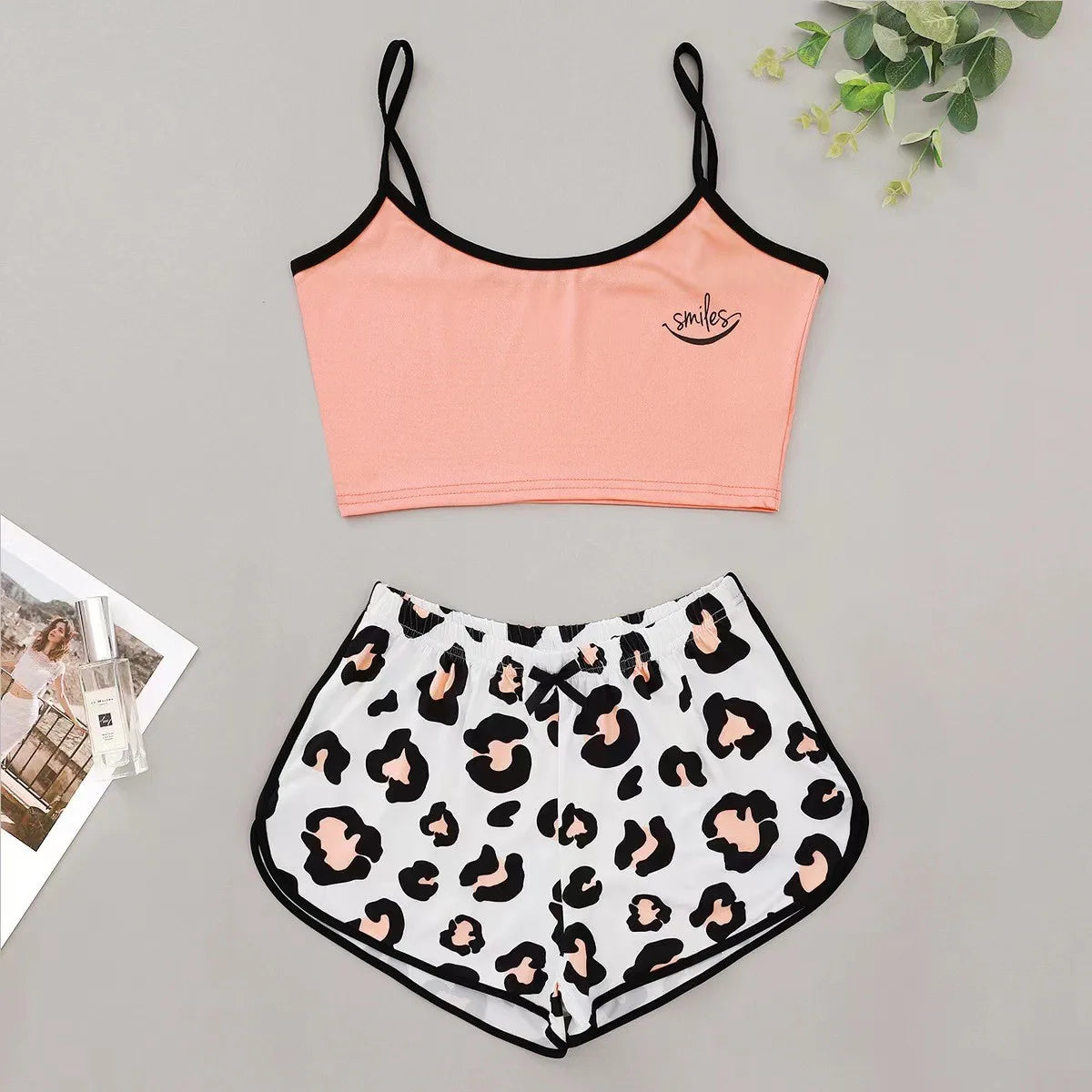 New Style Lady's  Cow Pattern Lace Edge Camisole With Shorts Pajama Set Cute Comfort Sexy Home Wear Sleepwear Underwear