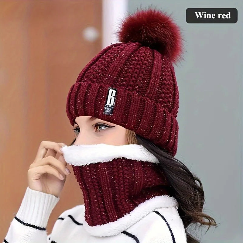 Ensemble Bonnet et Écharpe d'Hiver 2024 - Tricot Chaud avec Pompon en Fausse Fourrure