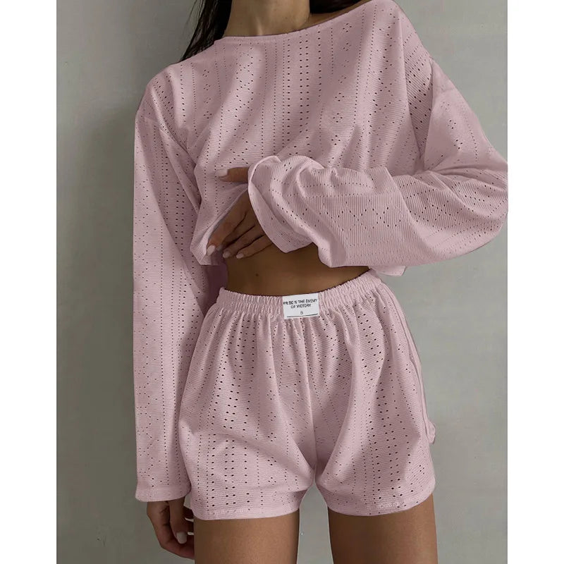 Ensemble Pyjama Femme Manches Longues - Pyjama Coton 2 Pièces Confort - Vêtement de Nuit Col Rond