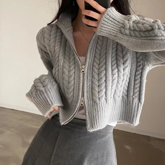 Cardigan Femme Torsadé avec Fermeture Éclair - Gilet Court Vintage Élégant