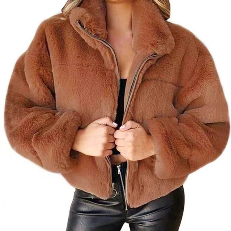 Veste Courte Femme Imitation Fourrure de Lapin - Blouson Chaud Zippé Peluche - Style Casual Hiver 2024