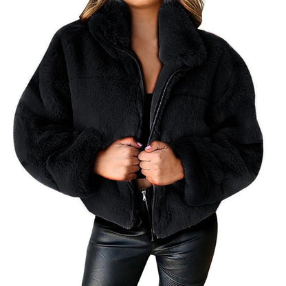 Veste Courte Femme Imitation Fourrure de Lapin - Blouson Chaud Zippé Peluche - Style Casual Hiver 2024