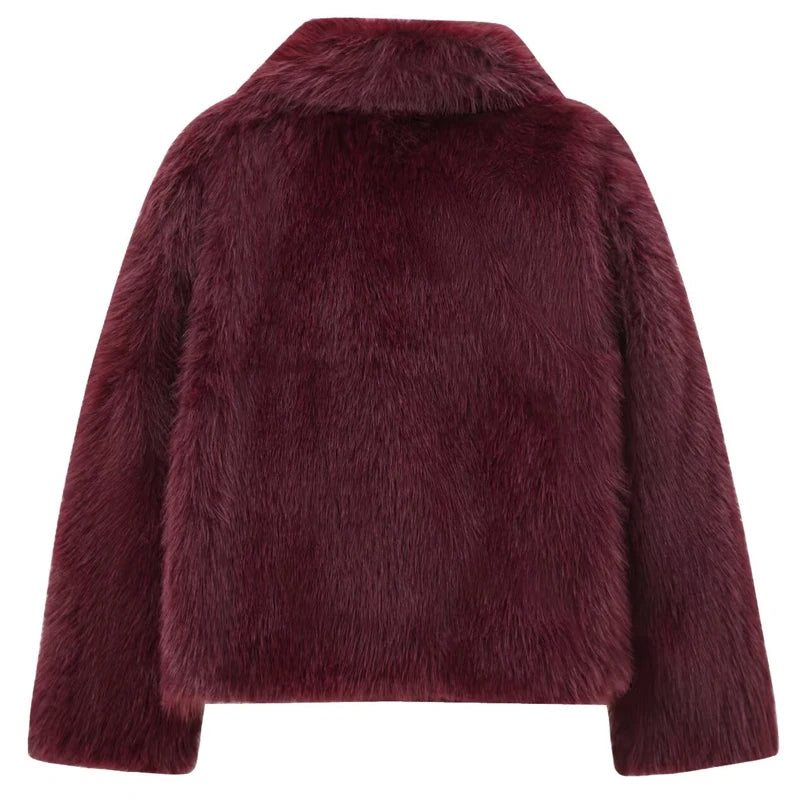 HXAO Bomber Femme Fausse Fourrure Bordeaux 2024 - Veste Peluche Chaude - Manteau Hiver Casual