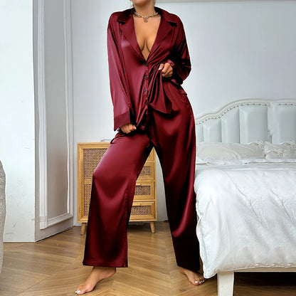 Ensemble Pyjama Satin Femme Luxe - Pyjama Long Col V Profond - Tenue de Nuit Élégante Jambes Larges