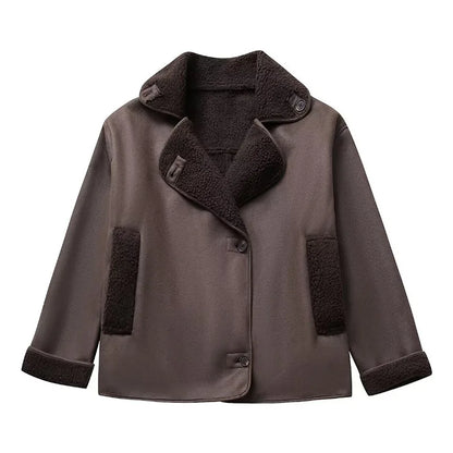 Manteau Femme Hiver Vintage en Simili Cuir - Veste Chaude Élégante avec Revers - Style Rétro Chic