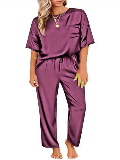 Ensemble Pyjama Femme 2 Pièces Satin - Tenue d'Intérieur Chic et Confortable - Manches Courtes et Pantalon Long