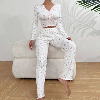 Ensemble Pyjama Femme Hiver Luxe - Pyjama Long Imprimé Floral - Vêtement de Nuit Chaud et Élégant pour Automne-Hiver