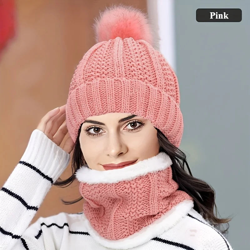 Ensemble Bonnet et Écharpe d'Hiver 2024 - Tricot Chaud avec Pompon en Fausse Fourrure