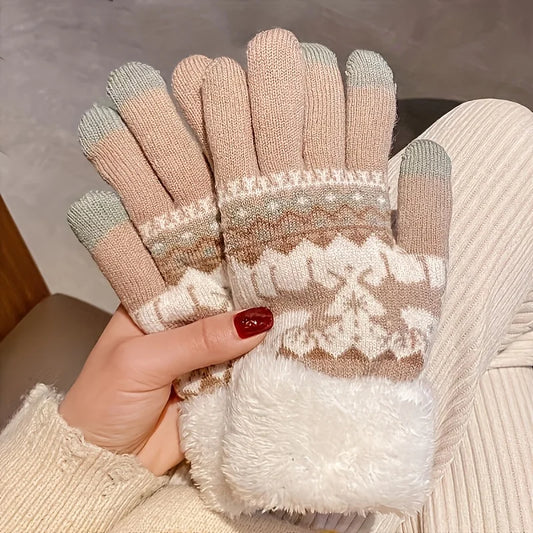 Gants de Noël Tactiles - Gants Tricotés Jacquard Motif Renne - Manchette Fourrée Ultra Douce pour Hiver