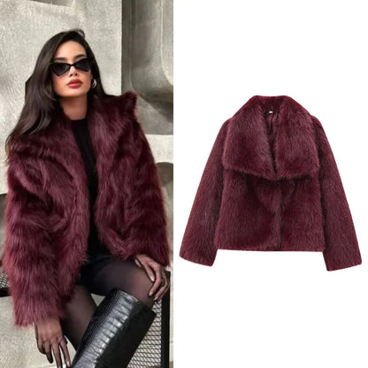 HXAO Bomber Femme Fausse Fourrure Bordeaux 2024 - Veste Peluche Chaude - Manteau Hiver Casual