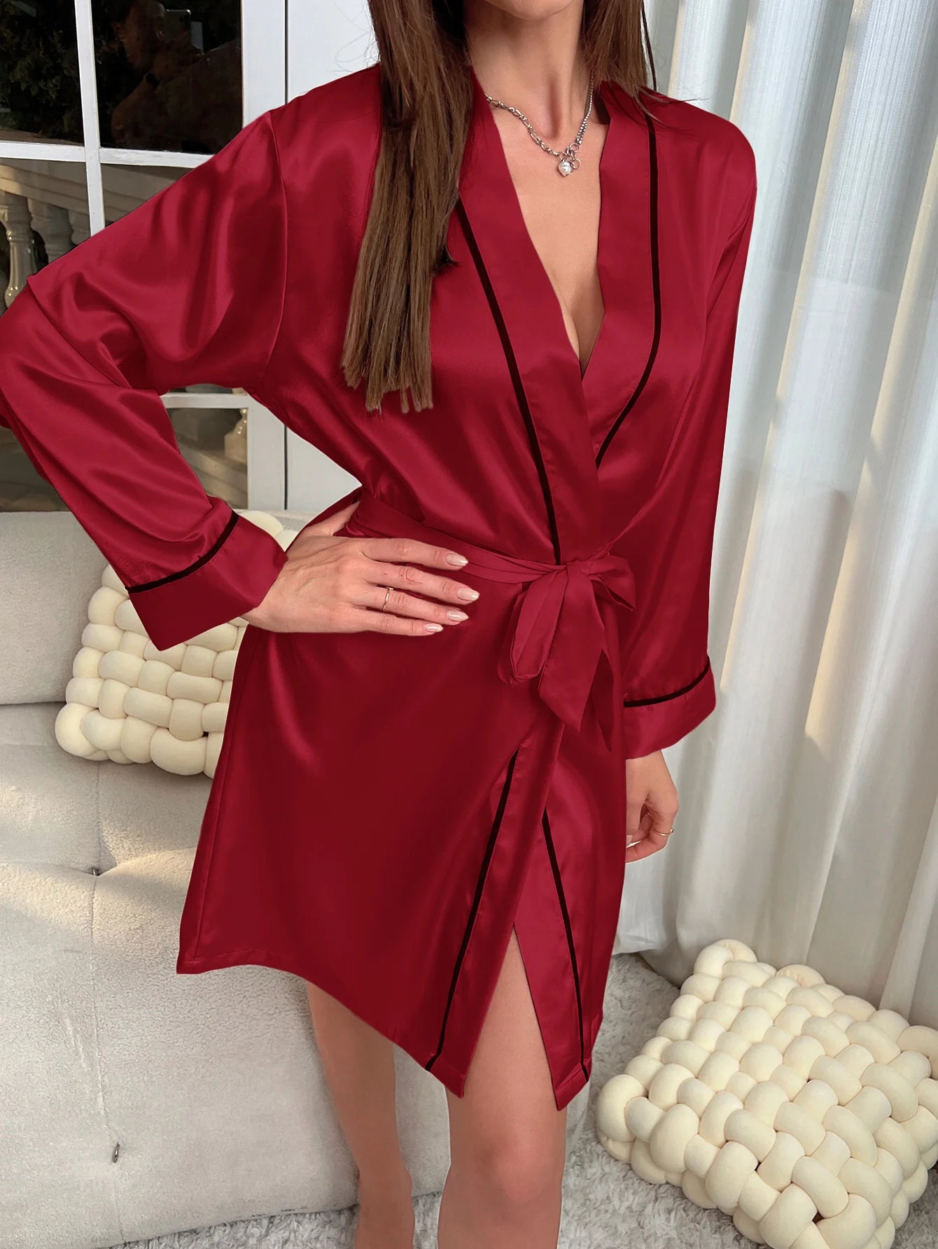 Robe de Chambre Satin Femme Élégante - Peignoir Long avec Ceinture et Manches Longues