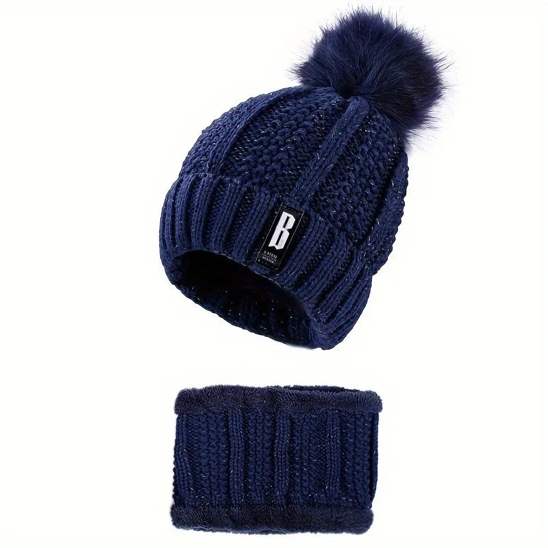 Ensemble Bonnet et Écharpe d'Hiver 2024 - Tricot Chaud avec Pompon en Fausse Fourrure