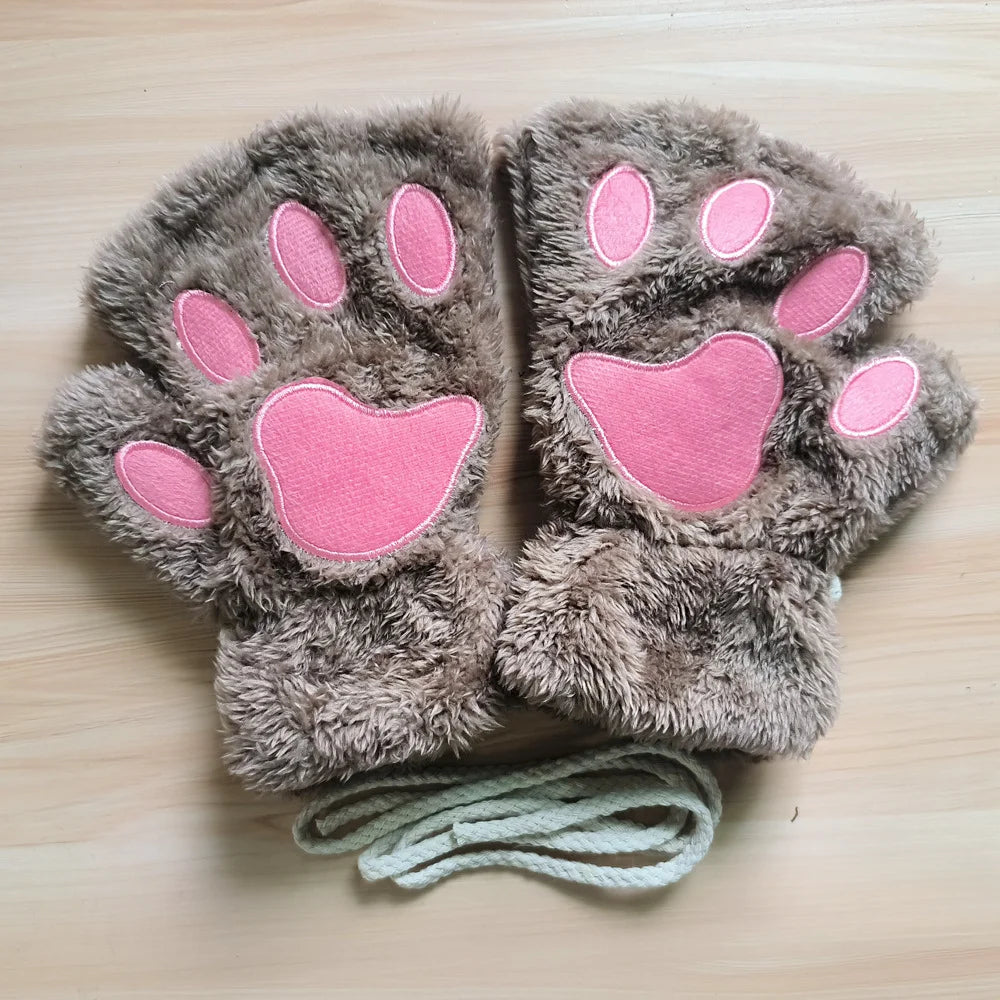 Gants Sans Doigts Kawaii - Mitaines Peluche Patte de Chat - Moufles Douces Hivernales