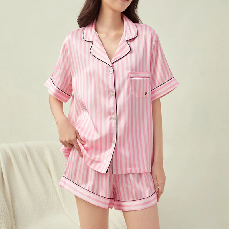 Pyjama Femme Été Rayé Rose - Ensemble 2 Pièces Col Chemise - Tenue de Nuit Élégante pour Maison et Extérieur