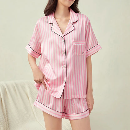 Pyjama Femme Été Rayé Rose - Ensemble 2 Pièces Col Chemise - Tenue de Nuit Élégante pour Maison et Extérieur