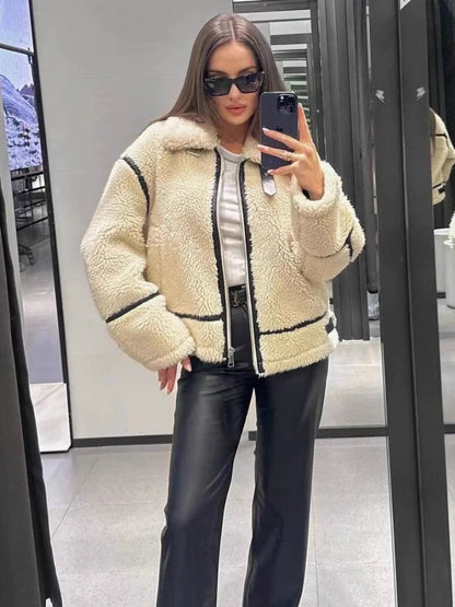 Manteau ZBZA Femme Bicolore - Veste Hiver en Laine Synthétique - Blazer Long avec Poches Zippées